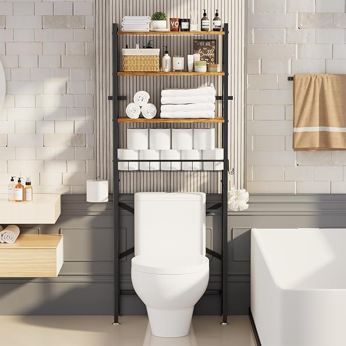 SwaaVee Over The Toilet Storage Cabinet, 4-Tier Bathroom Organizers and Storage with Adjustable Shelves, Freestanding Over-The-Toilet Shelf for Restroom, Laundry, Rustic Brown