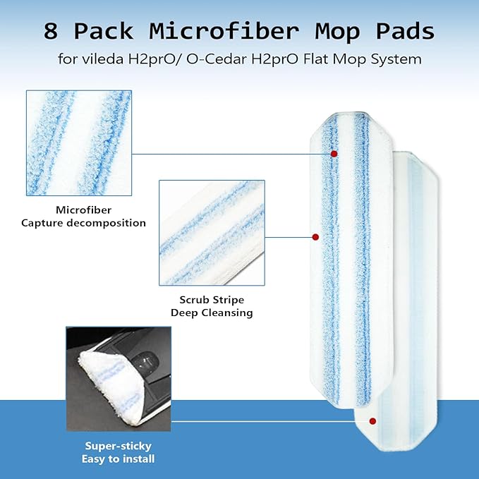 8 Pack Replacement Pads for O Cedar H2prO Flat Mop System, Flat Pads for Ocedar Flat Mop System, Machine Washable/ Reusable, Powerful Stain Removal, for Hardwood, Tile, Marble, laminate floors.