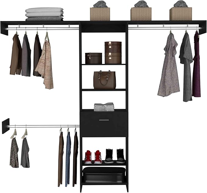 Black Storage Rack One Drawer Three Metal Rods Five Open Shelves for Home Organization