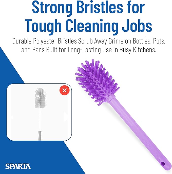 SPARTA Large Water Bottle Brush Ideal for Wide-Mouth Jars, Bottles and Tumblers, Dishwashing Tool with Handle for Home and Commercial Kitchens, Plastic, 16 Inches, Purple, (Pack of 4)