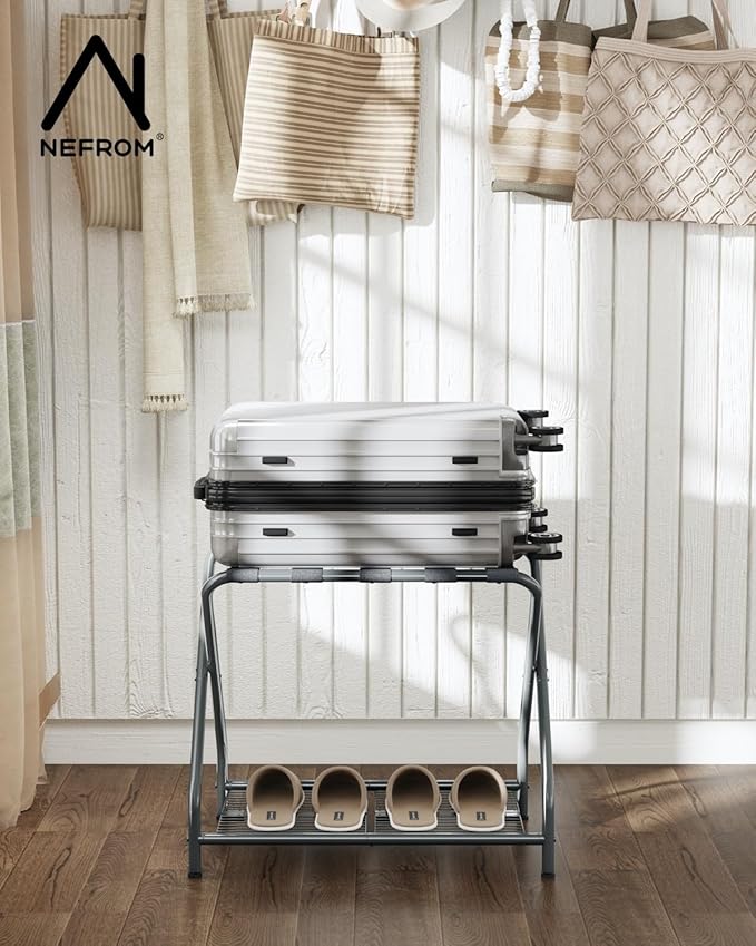 1-Piece Foldable Gray Luggage Rack Stand with Storage Shelf – Heavy Duty Metal Suitcase Holder, 150 lbs Top, 50 lbs Bottom, Fits 20”-28” Luggage – Guest Room, Bedroom, Hotel LR-GY-1