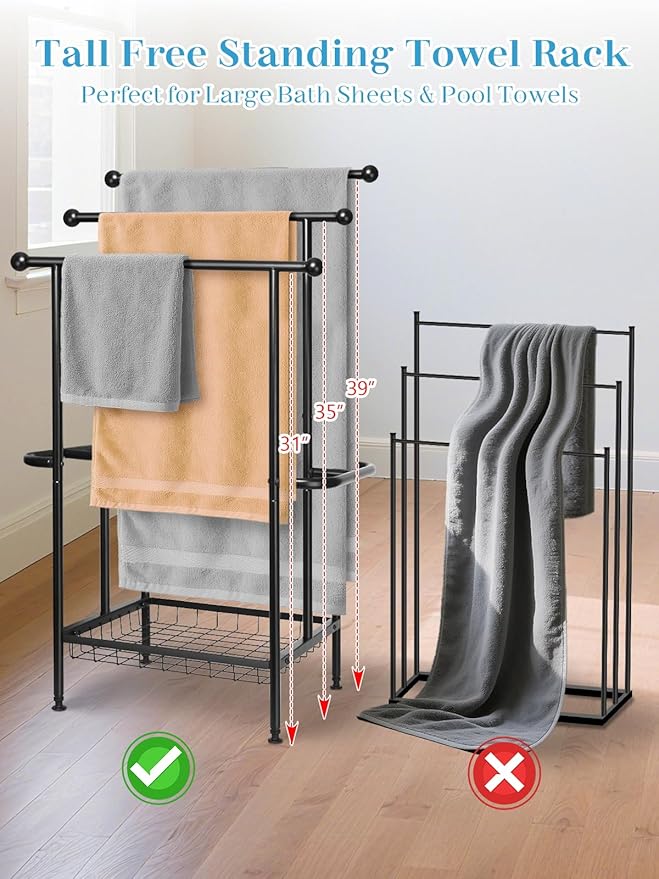 Haturi Free Standing Towel Rack for Bathroom, 3-Tier 39" H Black Metal Towel Drying Rack with Storage Basket, 24.4" L x 13" W x 39" H Rust-Resistant Outdoor Holder for Pool & Oversized Towels