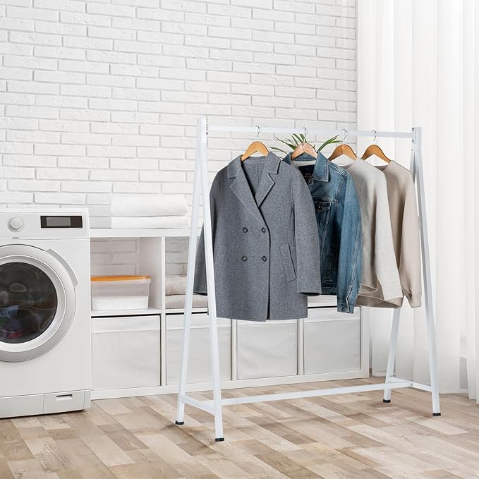 MyGift A-Frame Clothing Rack, 47 Inch Modern Heavy Duty White Metal Wardrobe Clothes Rack, Commercial Grade Freestanding Garment Hanger for Bedroom Closet or Retail Display