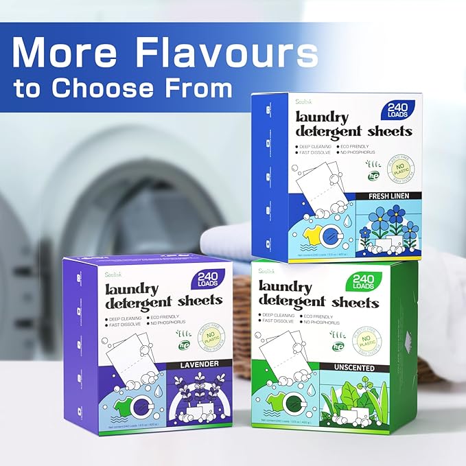 Soulink Laundry Detergent Sheets Fresh Linen Scent 240 Loads，Eco Friendly Detergent Strips for Travel & Home - No Plastic Jug Soap Strips, Plant-based, Hypoallergenic. Safe for Sensitive Skin
