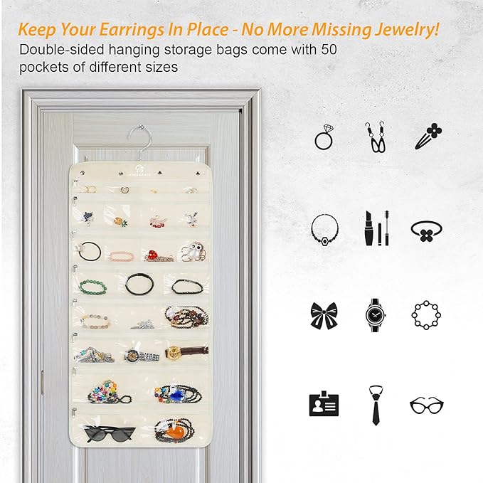 Hanging Jewelry Organizer with 50 Transparent Pockets, 360° Rotating Hanger & Secure Zipper Closure - Foldable Double Sided Jewelry Storage Bag for Earrings, Rings, Necklaces, Bracelets (Beige)