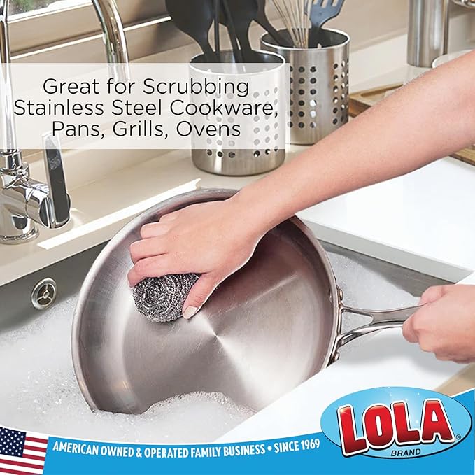 Stainless Steel Wool Scourer -Jumbo Sized- 2 Pack, 35 Grams, by LOLA, Curled Flat Wire, Cleans Caked On & Baked On Messes on Cookware