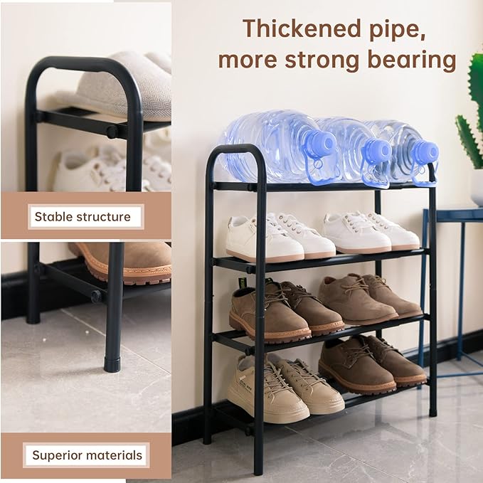 Gonfoam 4-Tier Expandable Shoe Rack,Adjustable Shoe Shelf Storage Organizer Heavy Duty Metal Free Standing Shoe Rack for Entryway Closet Doorway (Black)