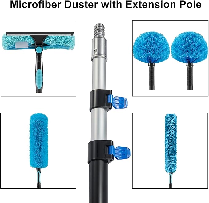 25 Foot High Ceiling Fan Duster with 6-18ft Extension Pole, Extendable Reusable Cobweb, Feather, Window Cleaning Squeegee Kit