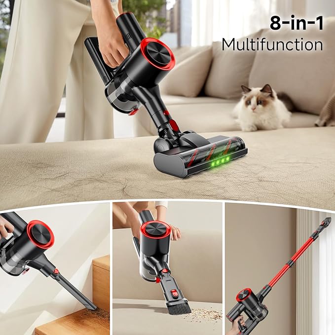 Clinkal Cordless Stick Vacuum Cleaner, 38Kpa Powerful Suction Vacuum Cleaner with LED Headlight, Detachable Battery, 8-in-1 Lightweight Handheld Vacuums for Pet Hair Carpet and Hardwood Floor, Red