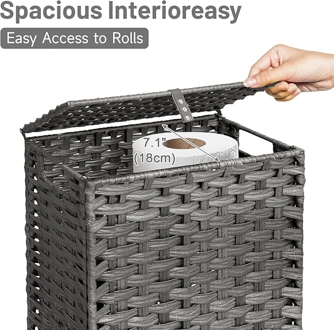 Hiagnete Toilet Paper Storage Basket with Lid and Wheels, Rattan Toilet Paper Holder Storage, Toilet Paper Organizer for Bathroom, Bedroom, Kitchen, 12.6”L x 7.1”W x 17.14”H, Grey