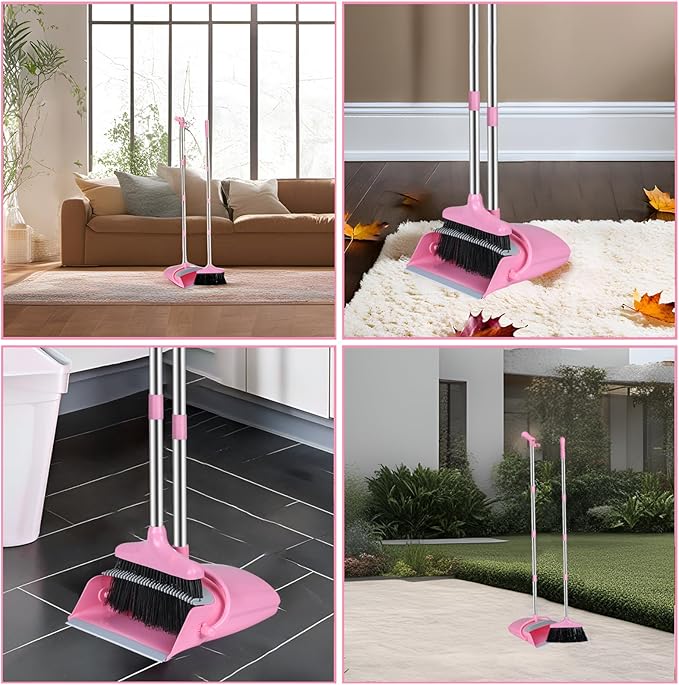 Broom and Dustpan Set, Broom with Dustpan Combo Set for Home Office Kitchen(Pink)