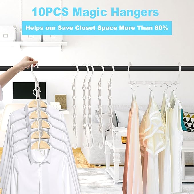 DUCOO Space Saving Hangers 10 Pack, Heavy Duty Magic Cascading Hanger Organizer with 5 Enclosed Anti-Slip Holes, Closet Organizers and Storage for Clothes, College Dorm Room Essentials, White
