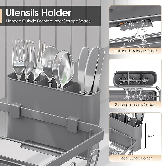 Urackify Dish Drying Rack for Kitchen Counter, Sink Dish Rack with Drainboard, Large Dish Drainer with Cups Holder, Home Countertop Plate Dryer Storage Rack with Cutlery Holder, Gray