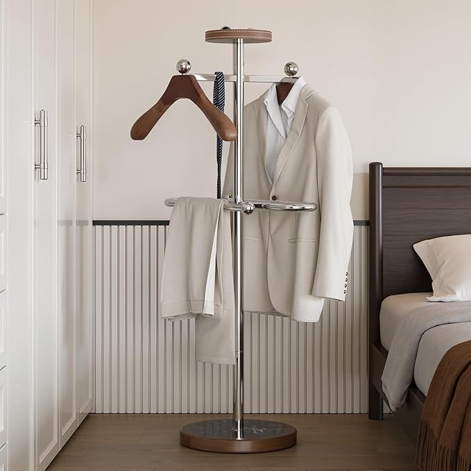 Suit Valet Stand with Marble Base, Freestanding Men’s Clothing Organizer with 2 Wooden Hangers, Storage Tray, Stainless Steel Frame, for Bedroom, Office, Entryway (12.6" x 54.3")