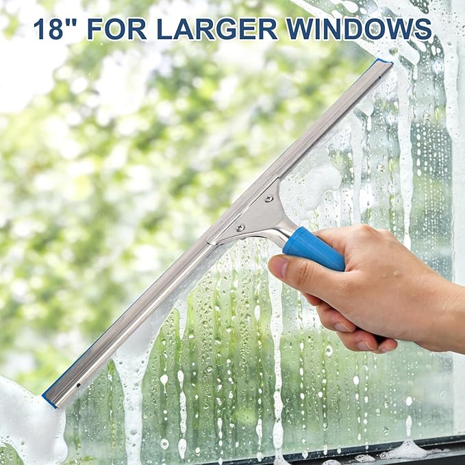 Professional Squeegee for Window Cleaning, 18” Stainless Steel Window Squeegee for Shower Glass Door, Includes 12” Replacement Rubber Blades