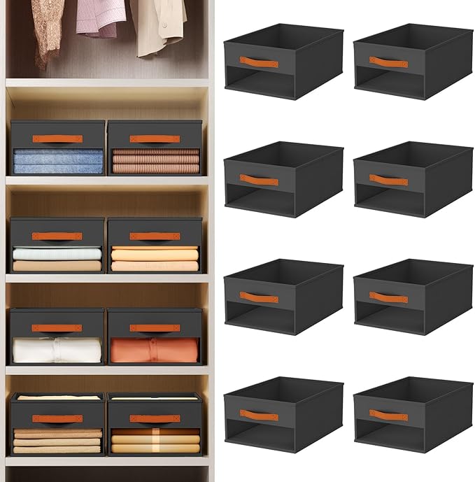 Homsorout Drawer Organizers and Storage - 8 Pack Foldable Pants Organizer with Clear Window & Handles, Fabric Closet Organizer for Clothes, Jeans, Sweaters, Towels, T-shirt, Scarf (Black)