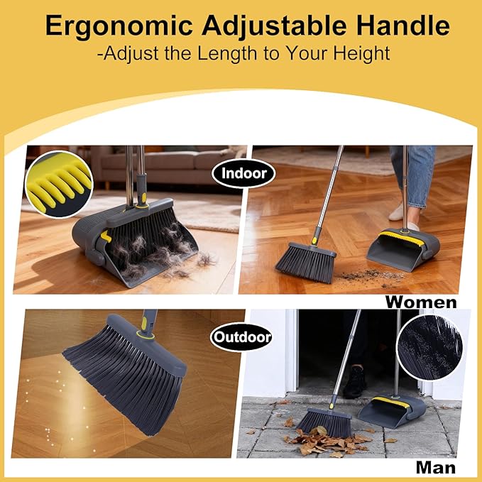 Heavy Duty Broom and Standing Dustpan Combo Set, Rotatable Head Dust Pan and Brush Set with Collapsible Handle, Cleaning Teeth, Hanging Loop, Ideal for Pets, RV, Kitchen, Camping, Outdoor Floor, Gray