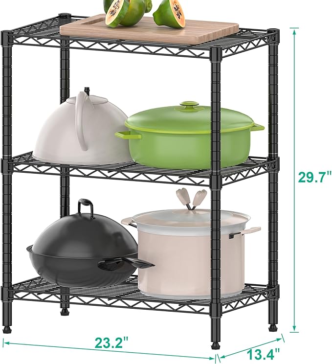 Folews 3-Tier Metal Shelf for Storage, Wire Shelving Unit Storage Rack Organizer Steel Utility Shelf for Kitchen Office Garage Pantry Laundry Organization(13.4D x 23.2W x 29.7H Inches)