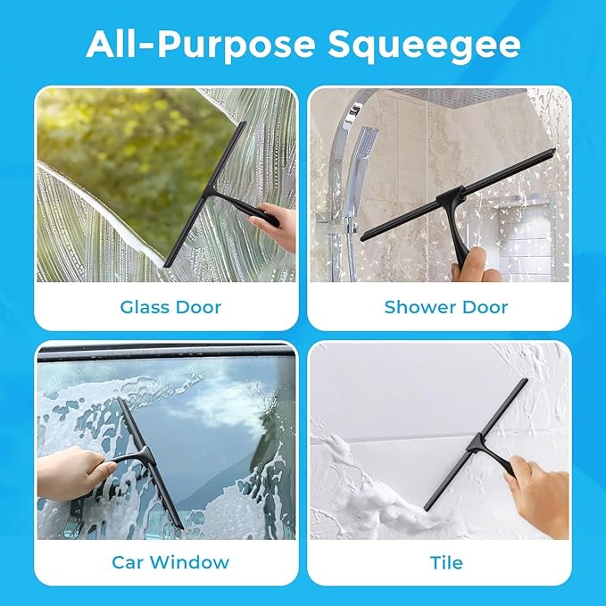 Quntis 12 Inch Squeegee for Shower Glass, Black Shower Squeegee with Adhesive Hooks Heavy Duty, Non-Slip Long Handle, Spare Blade, All-Purpose Squeegee Cleaning for Bathroom Doors Car Window