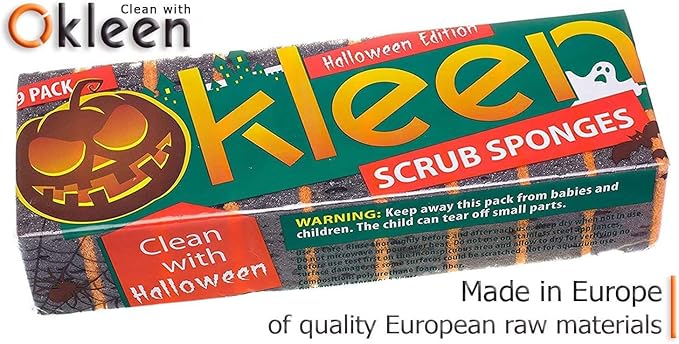 Black & Orange Multi Use Scrub Sponges. Made in Europe. 9 Pack, 4.3x2.8x1.4 inches. Heavy Duty and Non Scratch Fiber. Odorless Durable and Delicate Scrubber. Halloween Edition