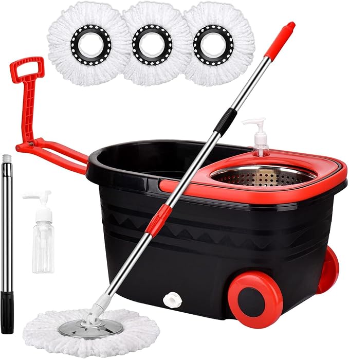 Spin Mop and Bucket with Wringer Set on Wheels, 360 Spinning Mop with Stainless Steel Handle for All Hard Surfaces, Floor Cleaning System with 3 Microfiber Replacement Heads, Black/Red