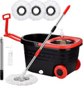 Spin Mop and Bucket with Wringer Set on Wheels, 360 Spinning Mop with Stainless Steel Handle for All Hard Surfaces, Floor Cleaning System with 3 Microfiber Replacement Heads, Black/Red