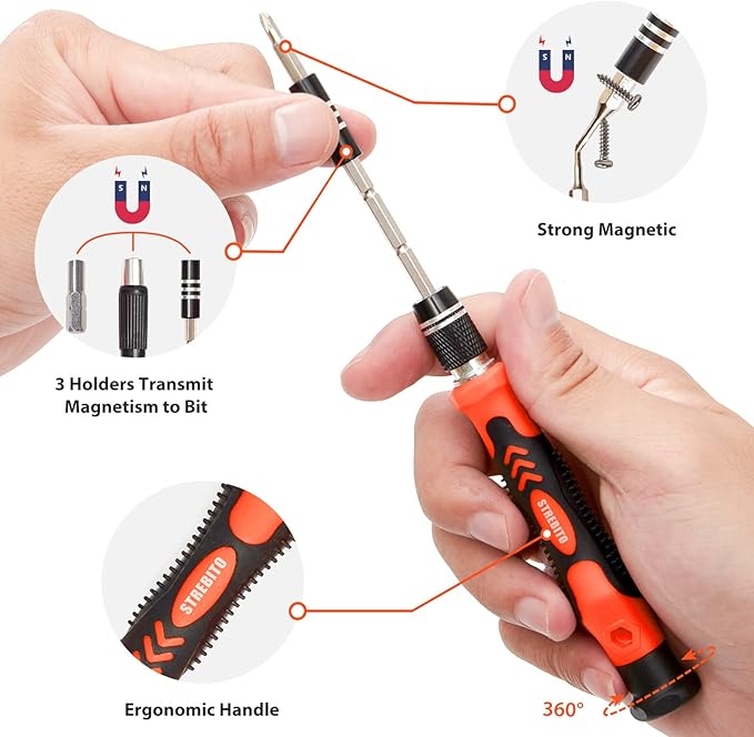 STREBITO Precision Screwdriver Set 142-Piece Electronic Repair Tool Kit with Torx T5 T6 T8 T15, Triwing Y000, Star P5, Gamebit, Tech Toolkit for Computer, Laptop, iPhone, Nintendo, PS5, Ring, Orange