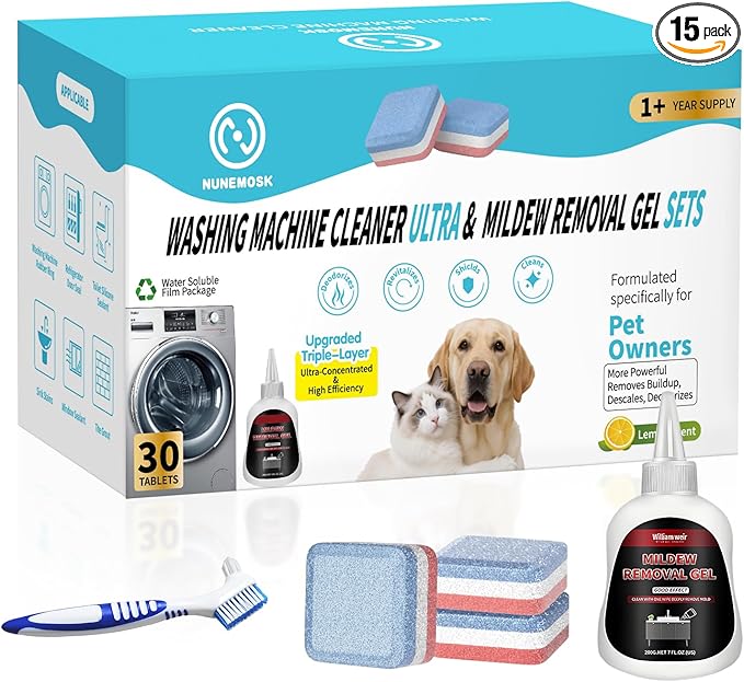 Washing Machine Cleaner -15 Pack, Formulated for Pet Owners | Compatible with HE, Top & Front Load Washer | Septic Safe | Fresh Scent | Removes Residue | Remove Stubborn Pet Hair