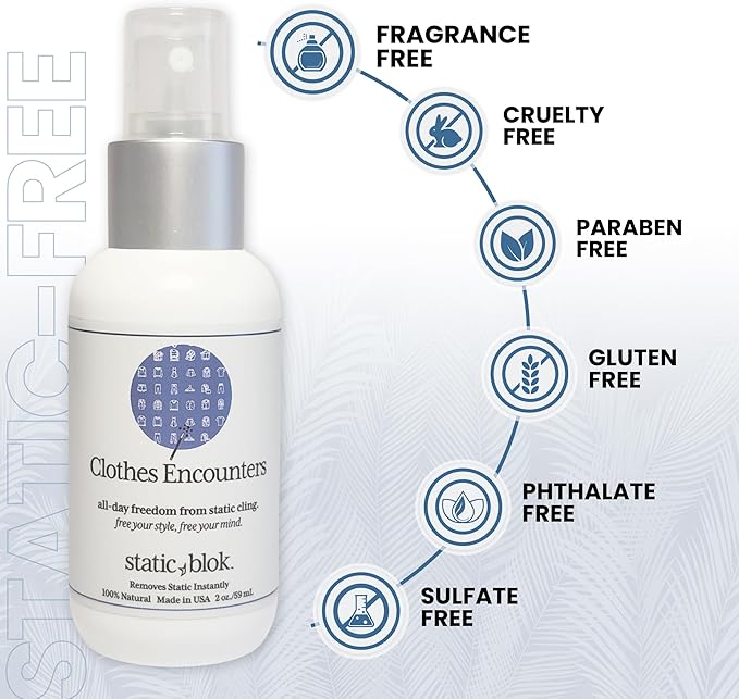 Static Blok Anti-Static Spray for Clothes - Instantly Eliminate Static Cling, Flyaways, and Shocks from Clothes, Fabrics, Linens, Blankets & Rugs- All-Natural Formula - Lasts All Day- 2oz Travel Size