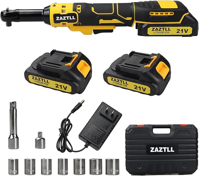 3/8" Cordless Ratchet Wrench Set,60Ft-lbs Extended Electric Ratchet Wrench, 400 RPM Chargeable Power Ratchet Driver with 2 X 21V Lithium-Ion Battery,7 Sockets, 3" Extension Bar, 1/4" Adapter