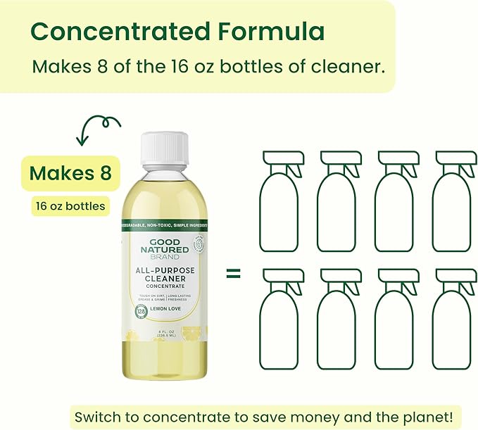 Good Natured Brand All-Purpose Cleaner Concentrate | 8oz makes 128oz | Lemon Essential Oil | 16X Concentrated Natural Multi-Surface Cleaner