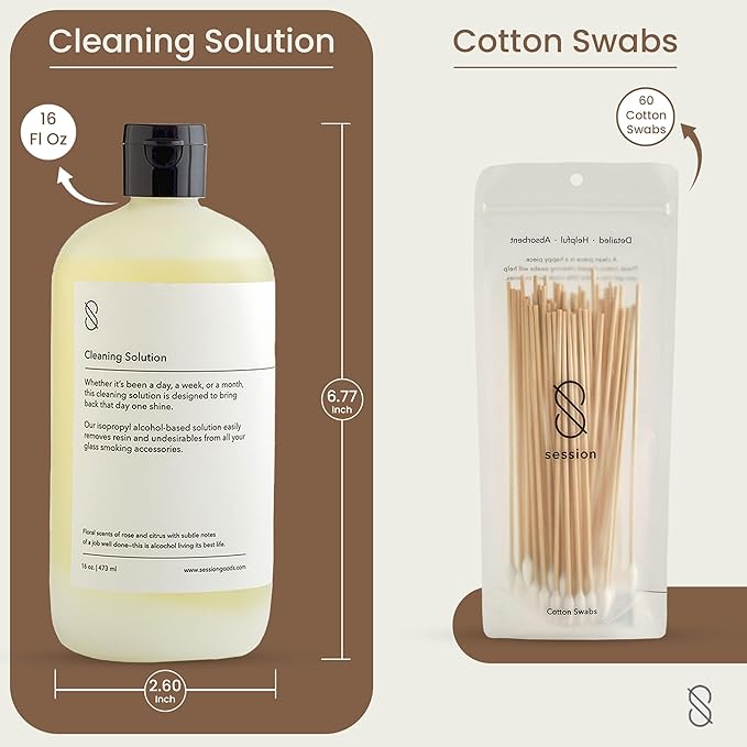 Session Goods Glass Cleaning Solution 16Oz (Scented) - Glass Pipe Cleaner with Cotton Swabs, Water Pipe Cleaner Cleans Metal, Silicone, Ceramic, & Resin Remover, Destroy Wax, Oil & Stinky Debris