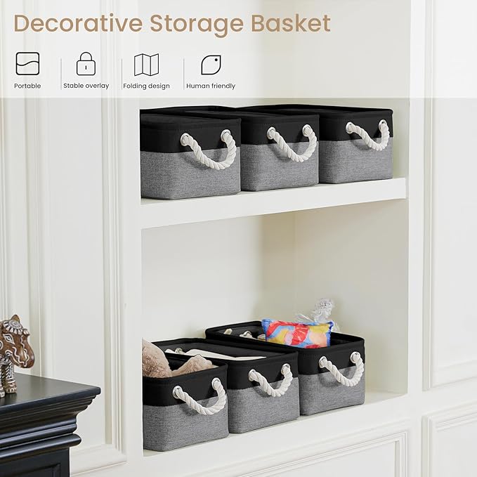 Storage Baskets for Shelves 11.8x7.9x5.2 Inch-Foldable Fabric Organizing Storage Bins with Handles, Closet & Bathroom Organizer, Home Storage for Kitchen, Office (6-Pack, Black&Gray)