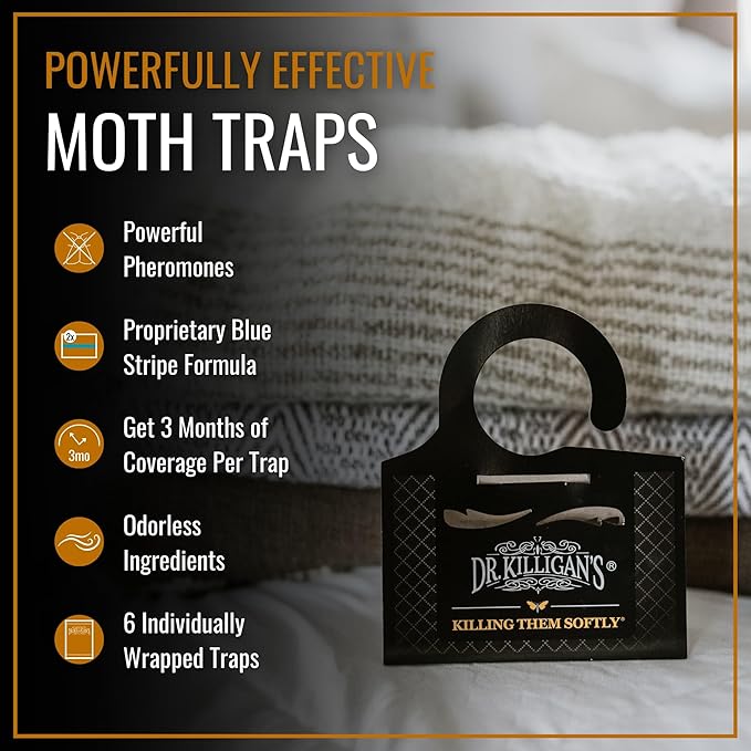 Dr. Killigan's Premium Clothing Moth Traps with Pheromones Prime | Non-Toxic Clothes Moth Trap with Lure for Closets & Carpet | Moth Treatment & Prevention | Case Making & Web Spinning (Black, 6 pack)