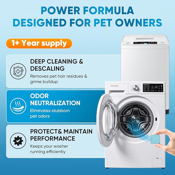 Washing Machine Cleaner Tablets - 30 Pack, 1+Year Laundry Use, Fits All Washers, Cleaning Drum & Tub Seal Removes Limescale, Odors & Buildup, Eco-Safe, Residue-Free, Pet-Friendly, Septic Safe