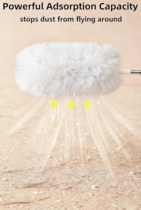 Heavy Duty Duster Refills, Disposable Dusters Kit for Cleaning Dusting Furniture Blind Ceiling Fan, Multi Surface 360 Feather Duster(10)+3FT Extended Handle（1） (White)