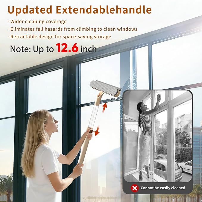 2 Pack 5-in-1 Extendable Window Squeegee with Spray, 12.6 Inches All-Purpose Window Cleaner Tool, Sponges, Silicon Blade & Gap Brush for Indoor/Outdoor Glass, Shower Door, Car Windshield, Mirror