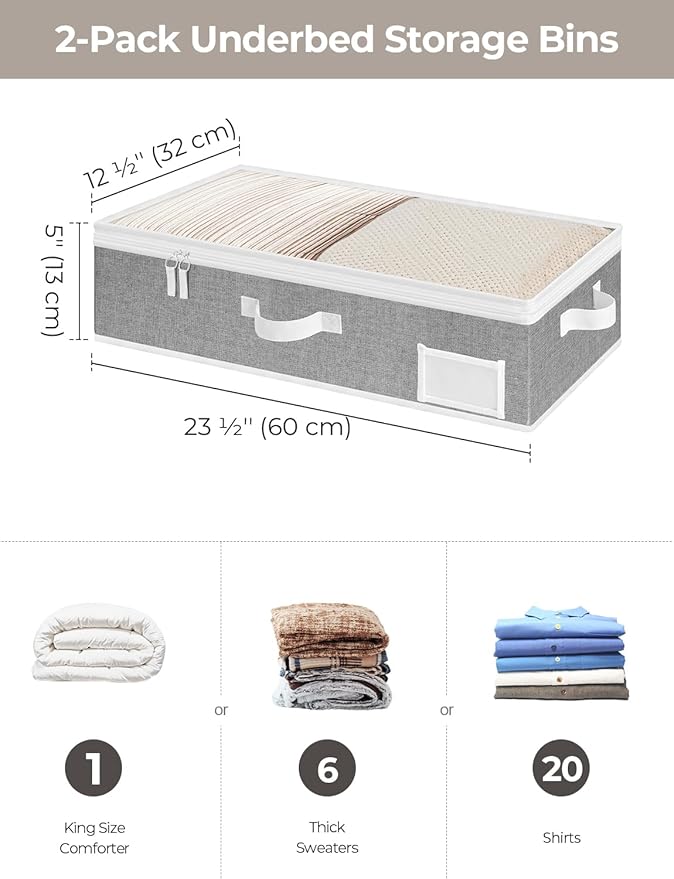 StorageWorks Under Bed Storage Containers with Handles and Label Holder, 2 Pack Ultra-thick Fabric Underbed Bins, Closet Organizer for Clothes, Blankets, Sweater