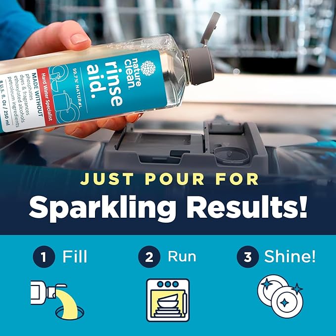 Nature Clean Dishwasher Rinse Aid Liquid, Non Toxic Natural Formula, Spot Free Shine for Glasses & Dishes, Hard Water Stain Remover, Dishwasher Drying Agent, 8 oz/250 ml Pack of 6