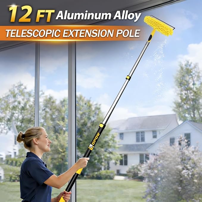 18FT High Reach Window Squeegee with Extension Pole, 2 in 1 Window Washing Kit with 3-Stage Telescopic Pole & Rotatable Head, No-Ladder Window Cleaner for High Window, Solar Panel, RV & Outdoor Glass