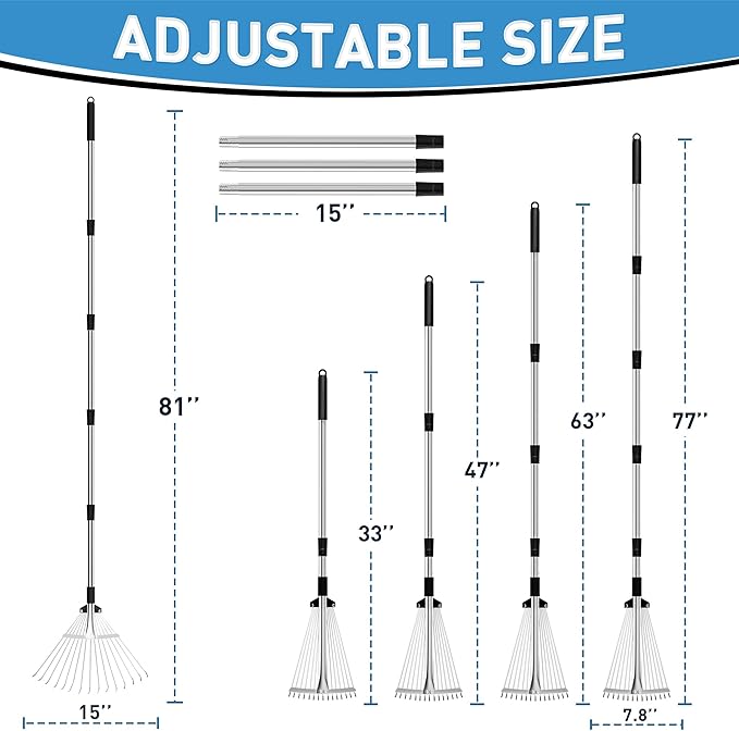 Garden Rake for Leaves, Heavy Duty Metal Adjustable Leaf Rake for Lawns, Length 37"-81", Adjustable Expandable Head 8"-15", Garden Tools for Lawn Garden Yard Flowers Beds Bush