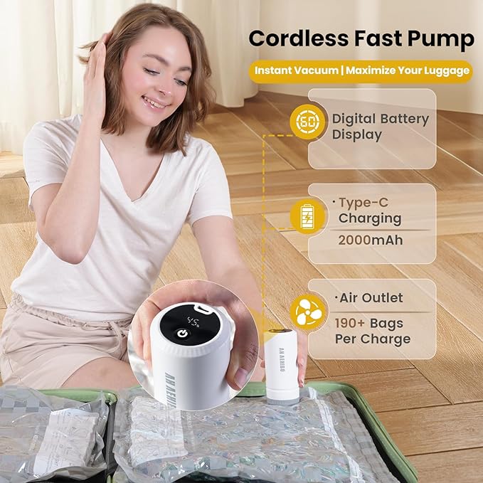 Vacuum Bags for Travel with Rechargeable Digital Display air Pump,15 PCS Combo Travel Size Vacuum Seal Bags for Luggage and Suitcase,Space Saver for Clothes,Home Storage
