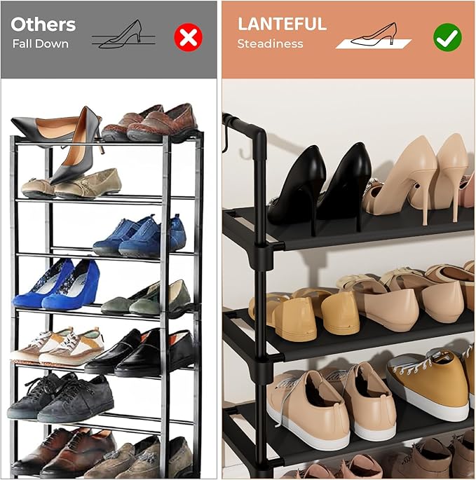 LANTEFUL 6 Tier Shoe Rack for Closet Shoe Organizer with 5 Hooks, Long Shoe Shelf Storage for Shoe and Boot Stackable Free Standing Shoe Rack for Entryway, Garage, Small Spaces, Dorm, Black