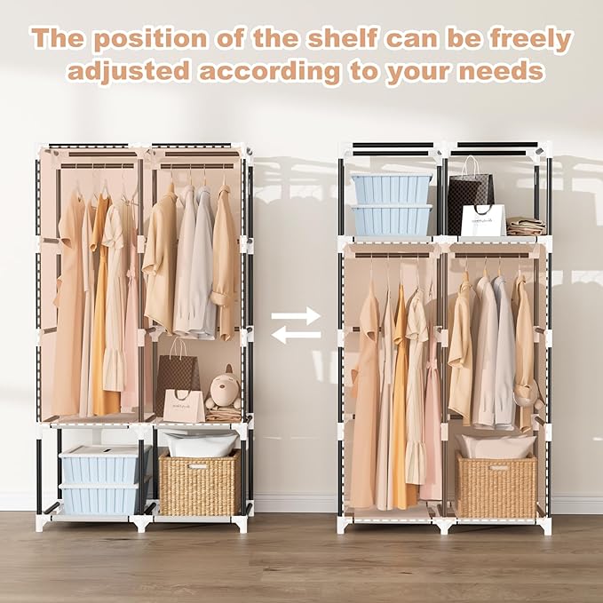 Portable Closet for Hanging Clothes, Portable Wardrobe Closet with Cover, 4 Storage Shelves, 2 Hanging Rods and 8 Side Pockets Easy Assembly and Sturdy Free Standing Closet for Bedroom Brown