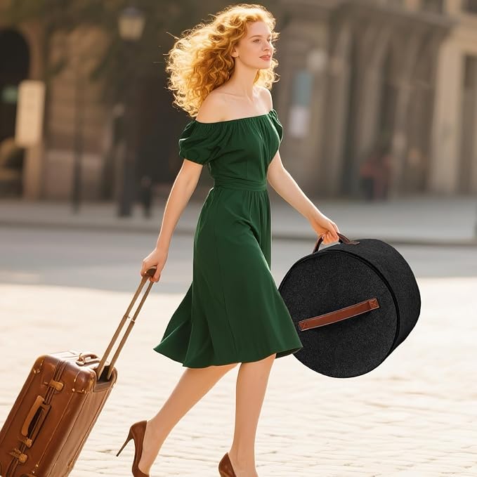 Kovpnor Round Hat Box, Stackable Felt Hat Boxes for Women Storage, Foldable Premium Hat Travel Case with Dustproof Lid, Space Saving Hat Organizer(Black)