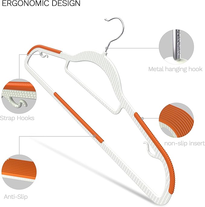 60 Pack Heavy Duty Plastic Hangers, Non Slip Clothes Hangers with Rubber Pads and 360° Hook - Thin Space Saving Hanger, Closet Organizer for Shirt, Pants, Suit, Skirt, Coat - Orange