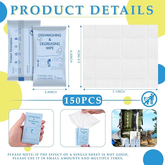 Tondiamo 150 Pcs Travel Dish Soap Wipes Individually Wrapped Dish Cleaning Wipes Disposable Portable Cleaner with Lemon Scent for Camping Kitchen Outdoor Traveling Quick Clean
