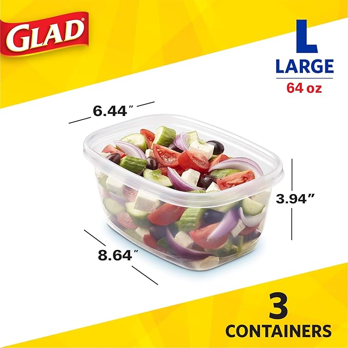 Glad GladWare Deep Dish Food Storage Containers with Lids, Large Rectangle BPA Free Plastic for Soups Salads and Meal Prep, Lock Tight Seal, Microwave Dishwasher Safe, 64 Oz, 3 Count - 6 Pack