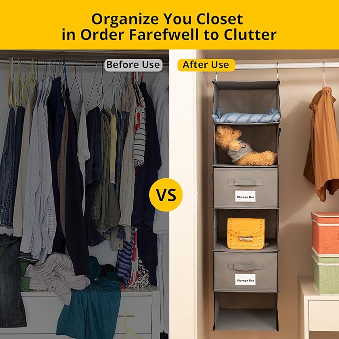 BrilliantJo 2 Pack 6 Shelves Hanging Closet Organizer with 2 Drawer, Hanging Storage with 4 Side Pockets for Clothes Shoes, 43.5"x12"x12"(Gray)