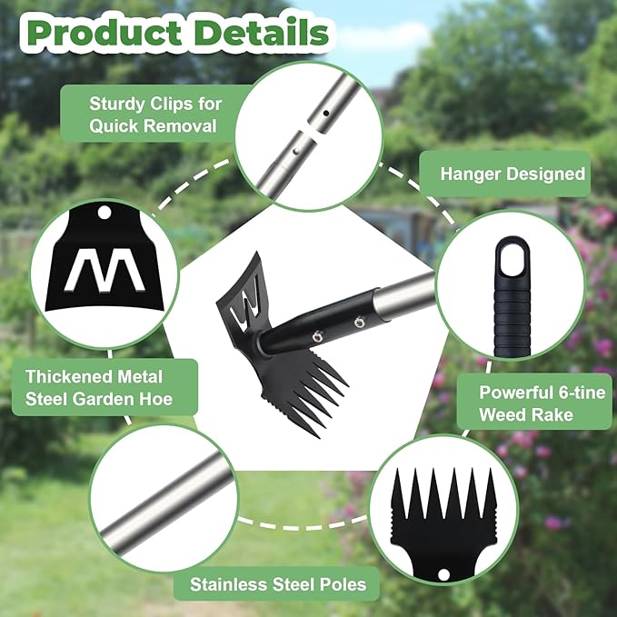 Weed Puller Tool with Long Handle, 60" Weed Remover Tool, 2 in 1 Weed Rake & Garden Hoe for Weeding, Weeder Tool with Detachable Handle, Uprooting Weeding Tool for Yard, Lawn, Patio, Garden